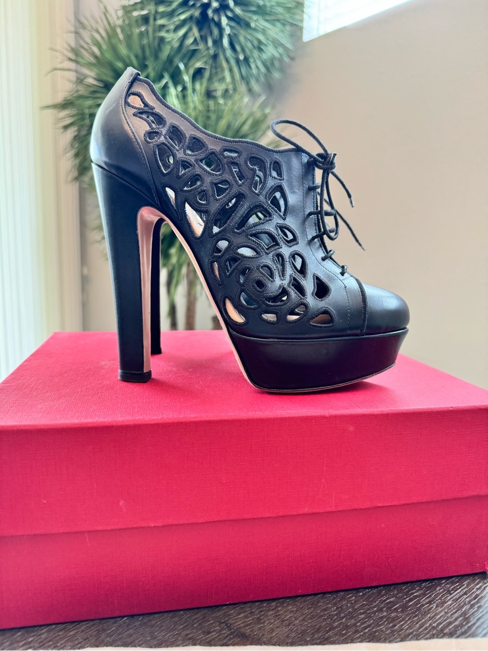 Valentino Black Laser-Cut Lace-Up Platform Heel Booties 38